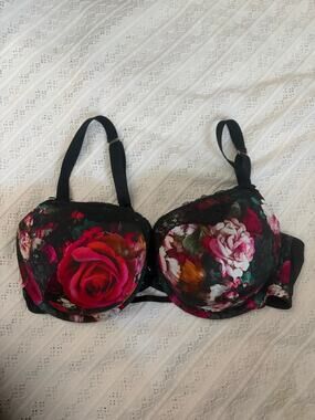 Cacique 40DDD Floral Lace Underwire Balconette Bra Black Pink Women's